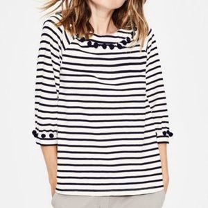 Boden Rosemary Top Striped Pom Pom 3/4 Sleeves Navy Blue White 6